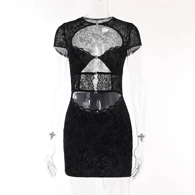 F3463-fashion summer 2024 black party dress lace flocking sexy hollow out dress for ladies