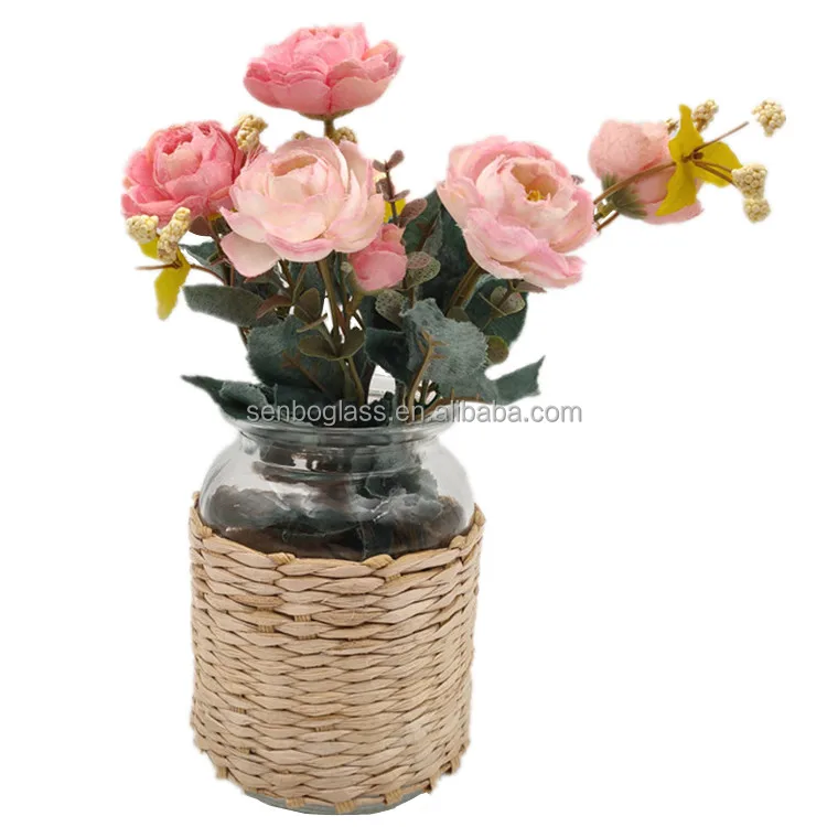 Rattan Wire Seagrass Wrapped Straw Glass Dry Flower Bottle Vase Rustic Farmhouse Decorative Creative Rope Net Pot