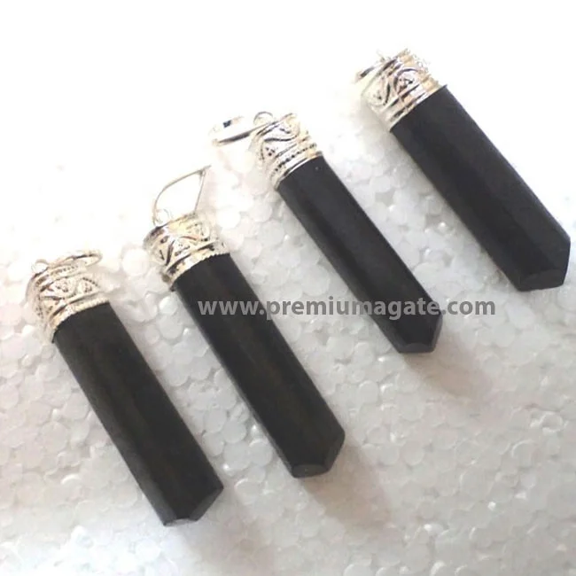 
Оптовая продажа, черные турмалиновые серебряные подвески-карандаши с круглым колпачком: Исцеляющие чакры подвески из Индии от F. М. Акиквала 