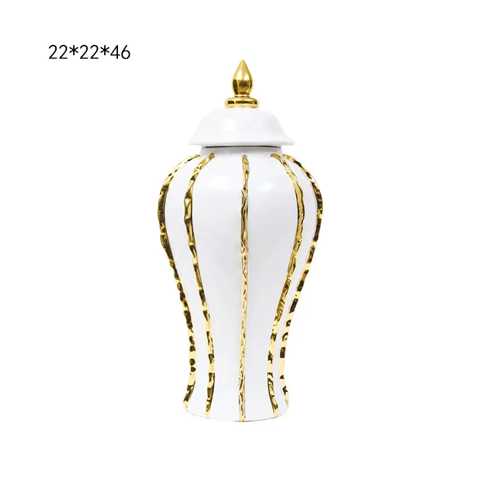 Factory Custom Electroplated Luxury White and Gold  Hotel Decorative Large Tall Ceramic Ginger Jar Flower Vase for Home Decor