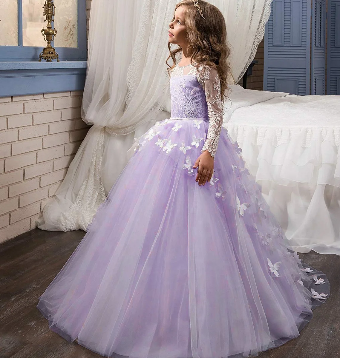 light purple children flower girl dress princess butterfly design ruffle bow
