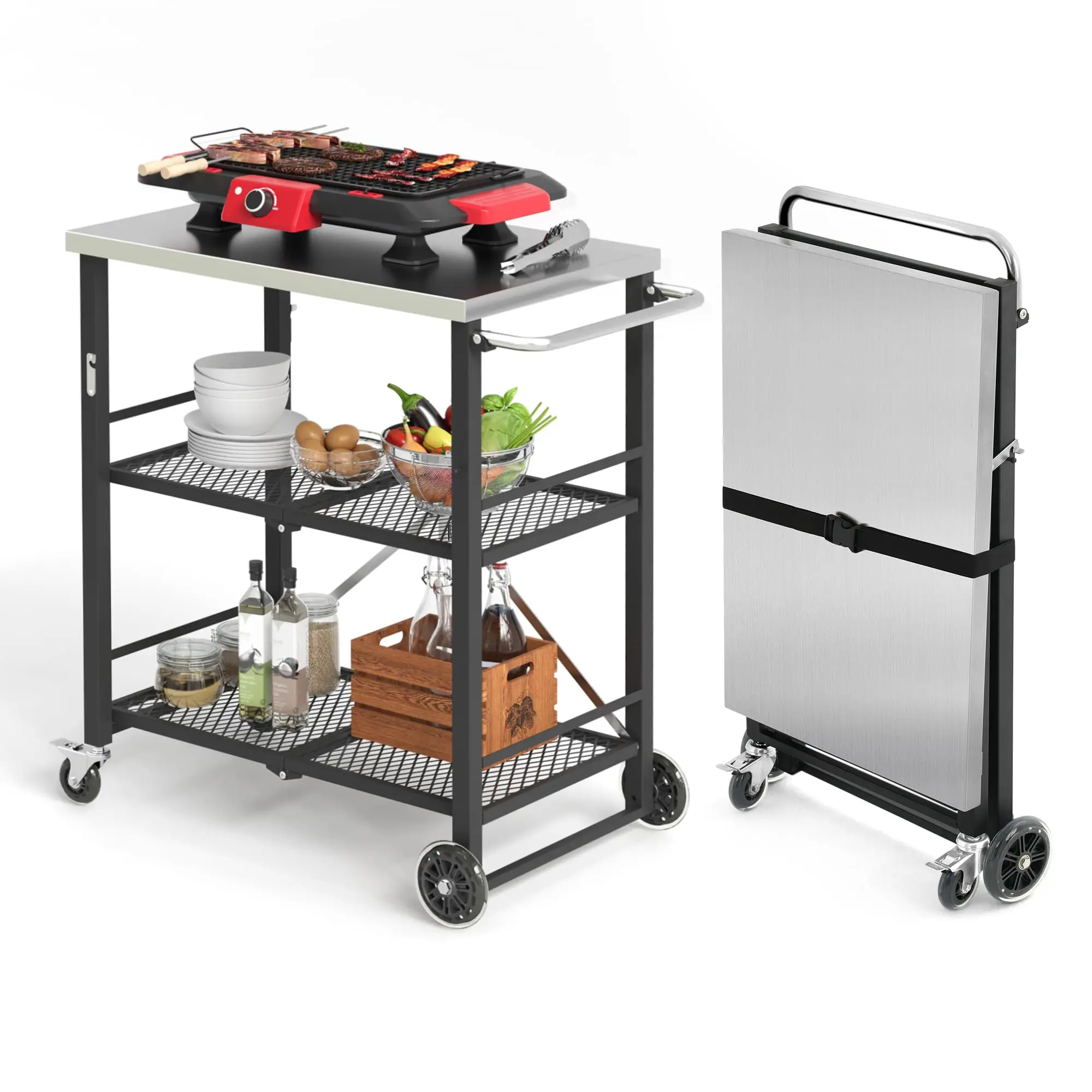 AJUNION Stainless Steel Outdoor Grill Cart Foldable Outdoor Kitchen BBQ Island with 3 Shelf