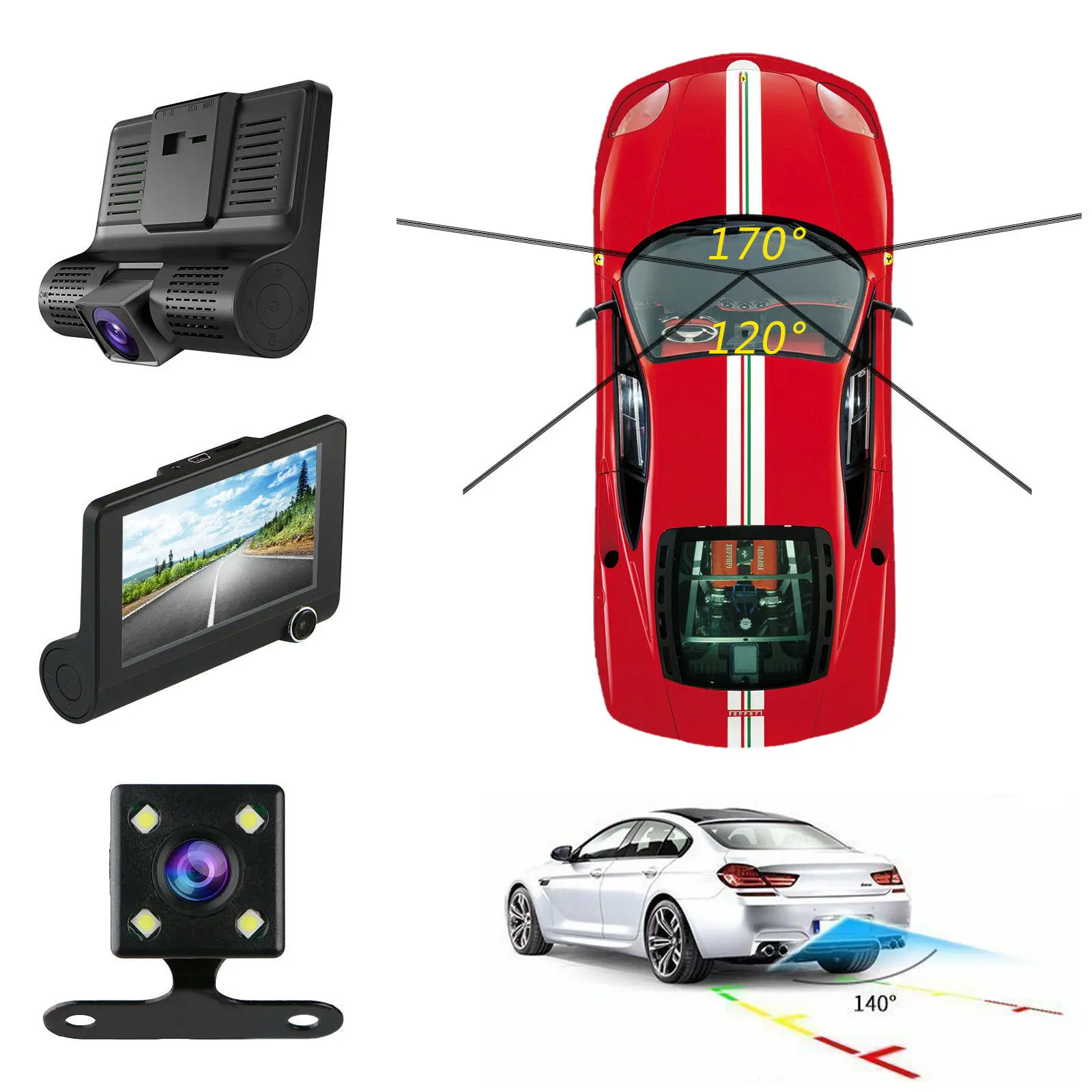  4 дюйма FHD 1080P Автомобильный видеорегистратор 3 объектива камеры Авто Dash Cam ИК ночного видения 170 широкоугольный объектив для вождения автомобиля видео рекордер