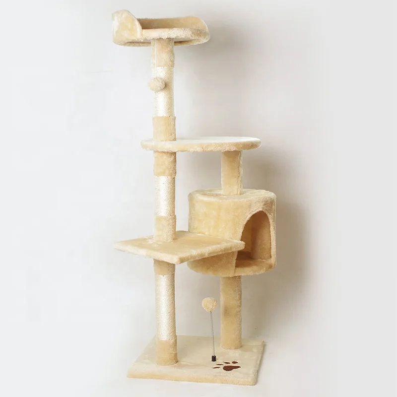 Factory Hot Selling Beige Scratcher Wood Cat Scratching Tree With Cat Nest House CatTrees