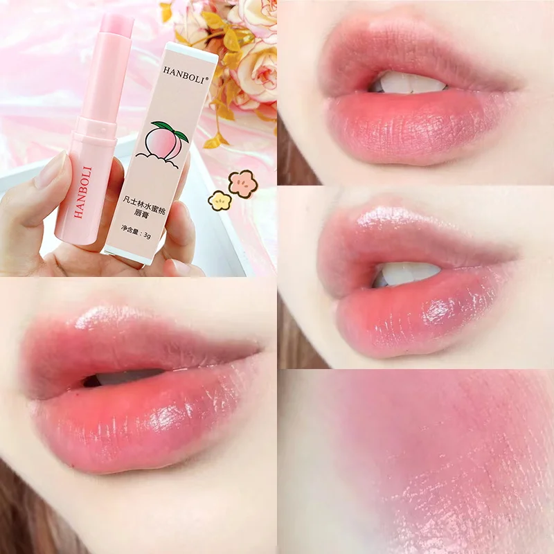 HANBOLI Private Label Peach Lip Balm Repairing Chapstick Colour Changing Lipstick Lip Care Moisturizing Lip Balm
