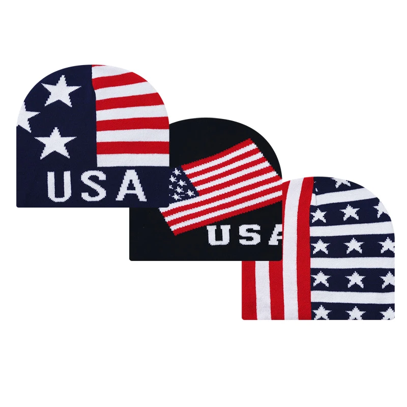 Wholesale Custom Logo Beanies Hats Independence Day in the USA Sport Letter Knitted Jacquard Hat Winter Skull Beanie Hat