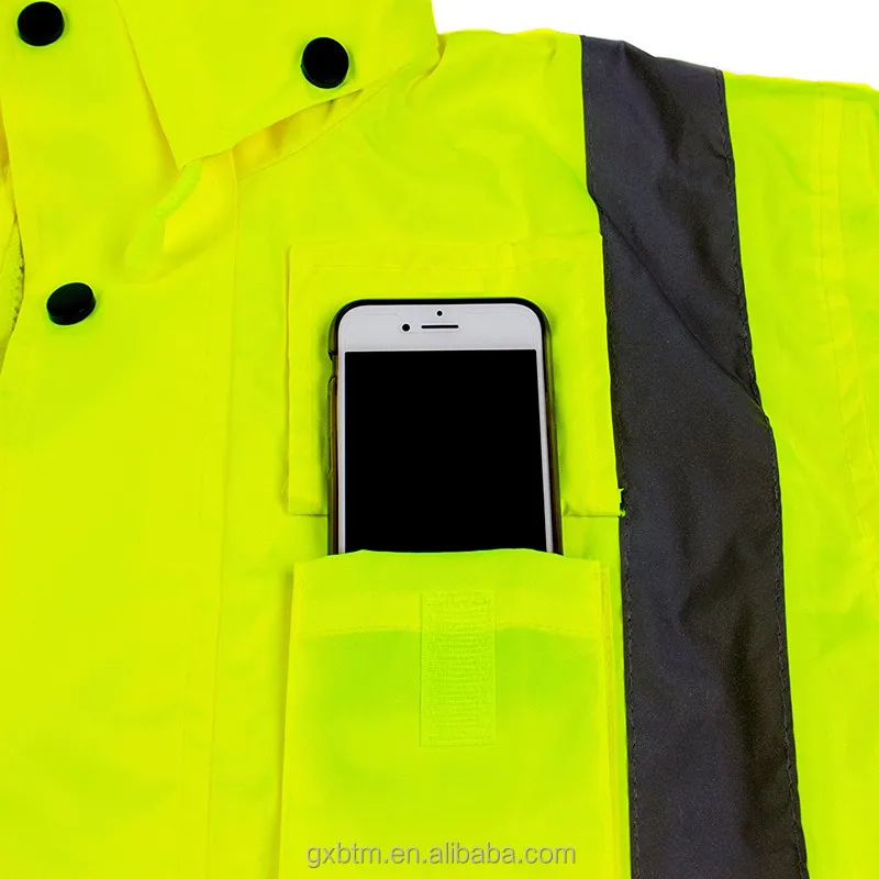 Custom hi vis waterproof raincoats 100% polyester with PU adult long sleeve raincoats jackets with reflective tapes