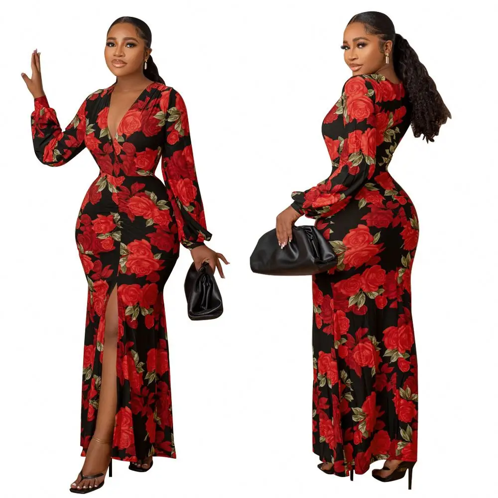 C8122 Wholesale Sun Beach sexy clothing Elegant Floral Print Modest Long Clothing african dress For Women