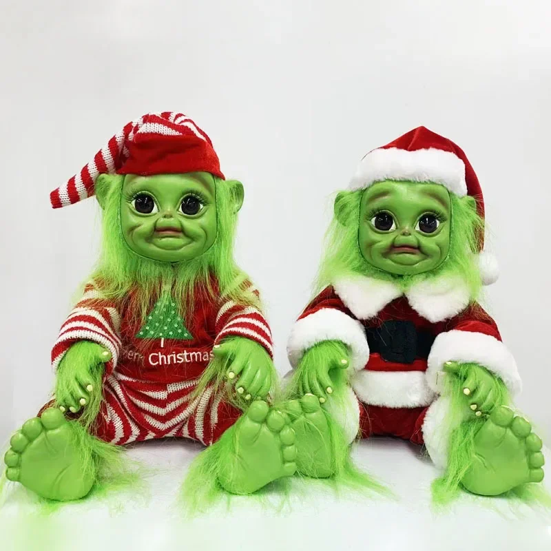 Hot Selling Xmas Decoration Doll Green Monster Baby Toy Christmas Gift Red Santa Suit Stuffed Plush Toy