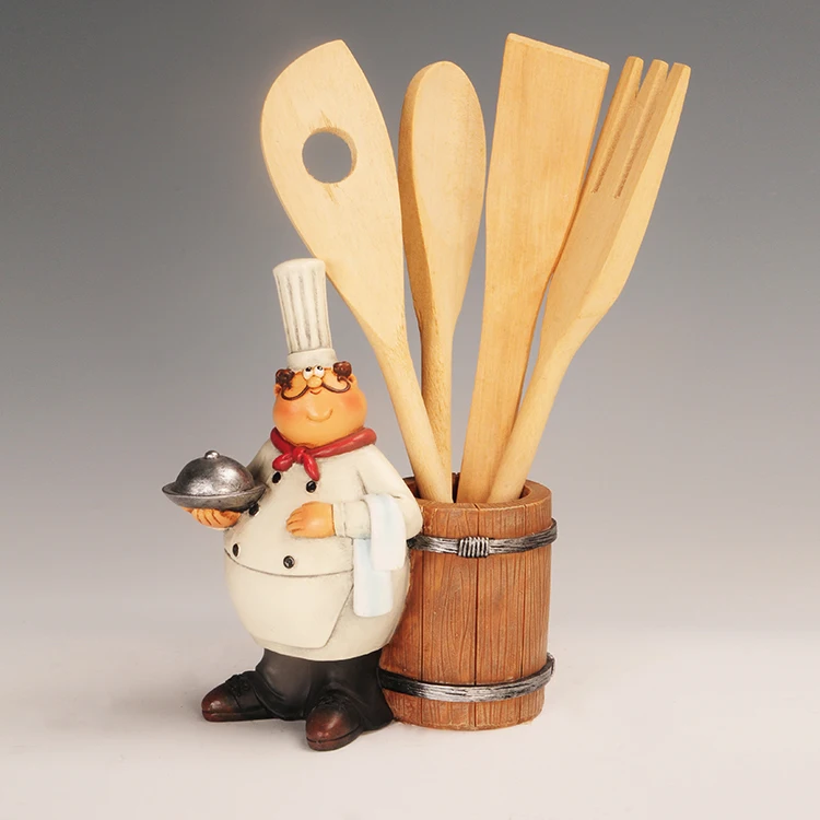 
Wholesale resin figurine for table deco polyresin chef with wood utensil holder resin chef statue utensil holder 