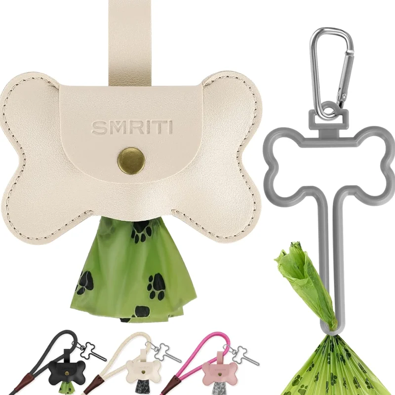 Leather Dog Poop Bag Holder Dispenser With 2 Kinds Leash Clip Stocked Poop Bag Carrier