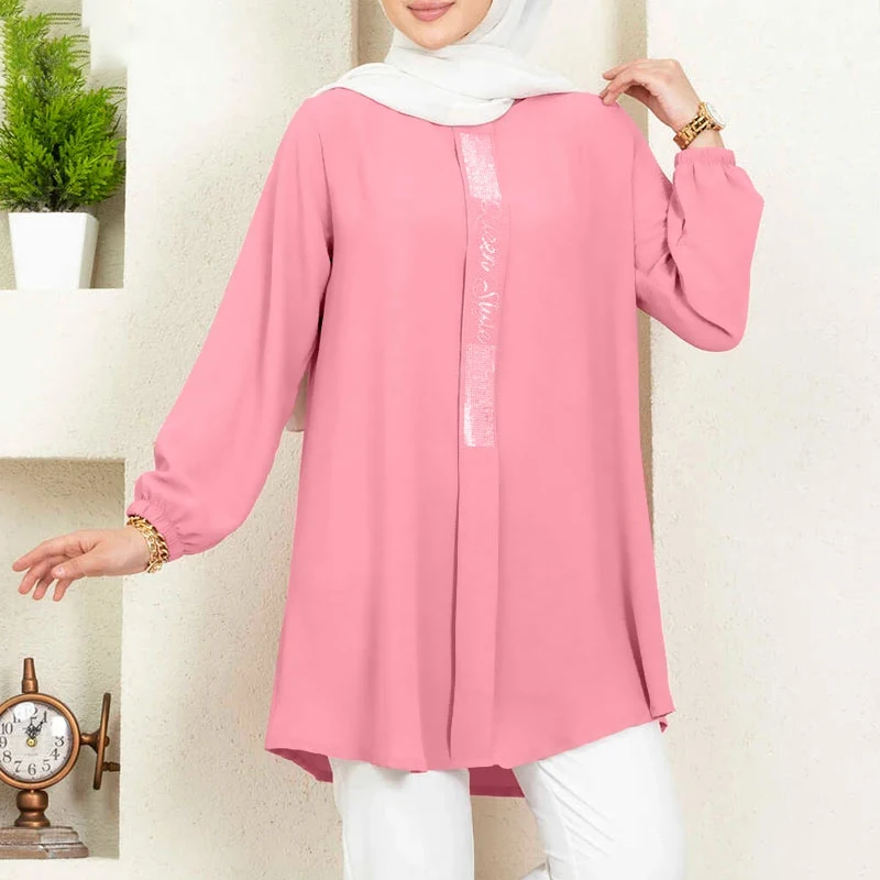 Women Casual Solid Ramadan Dubai Turkish Shirt Islam Clothing Autumn Fashion Sequins Blouse Long Sleeve Muslim Tops
