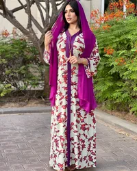 High Quality Wholesale Turkish Dubai Kaftan Long Batwing Flower printed Muslim Dress Women Abaya Islamic Clothing