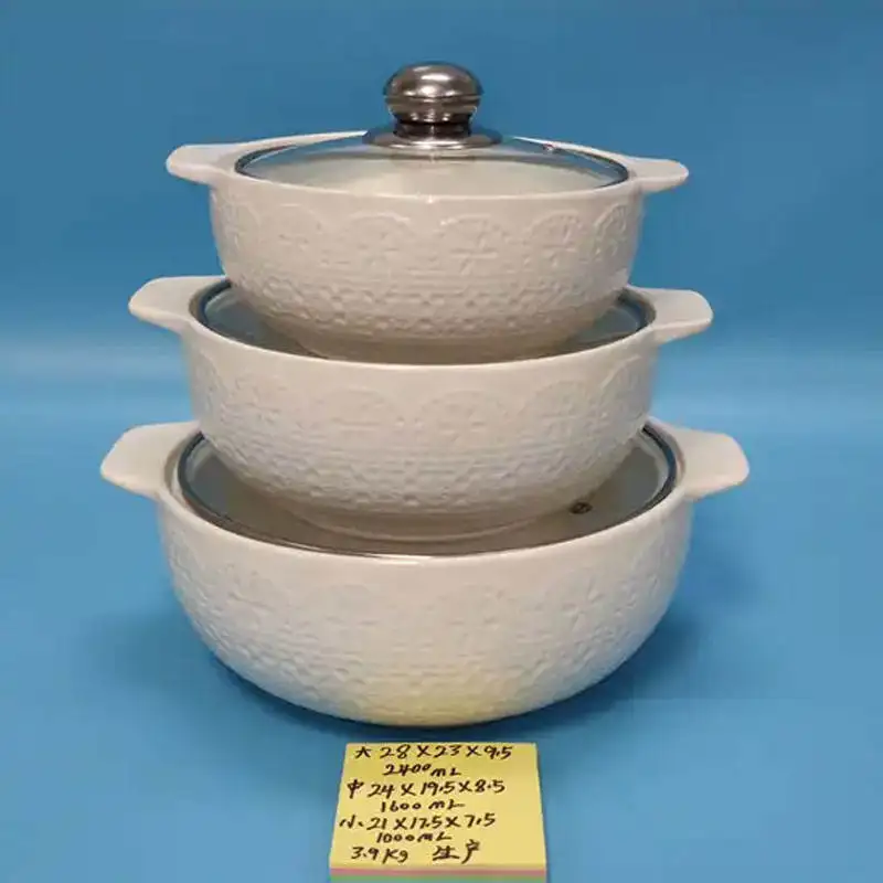 2024 In Stock Porcelain Tableware White Cheap Casserole Pot Embossed Ceramic Soup Pot Sets with Glass Lid