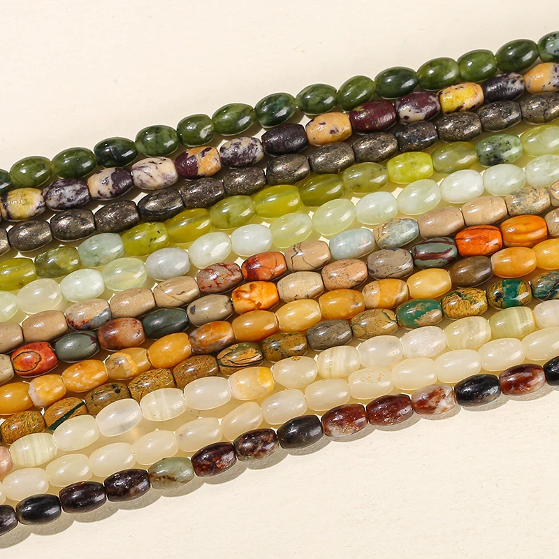 JD GEMS 4x6mm Natural Stone Beads Rice Shape Jade Agate Pyrite Shoushan Stone Opal Loose Spacer Beads for Jewelry Making