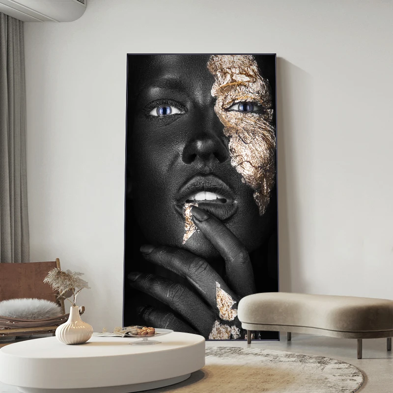 Customizable African women canvas wall art black gold home decor african woman portrait oil painting