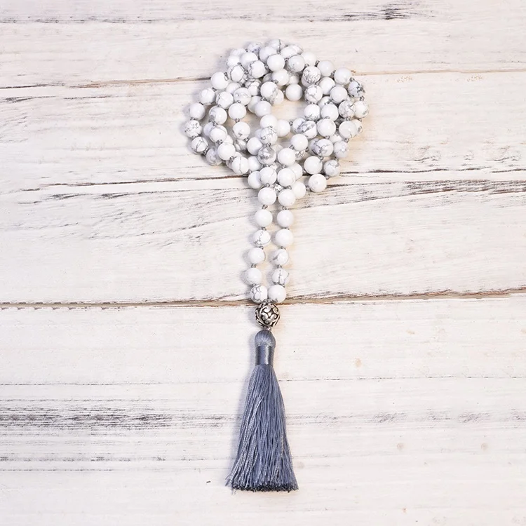 2024 Yoga Mala Beads 108 Necklace 8mm White howlite stone Knotted Necklace Handmade Tassel Necklaces Yoga Jeweley