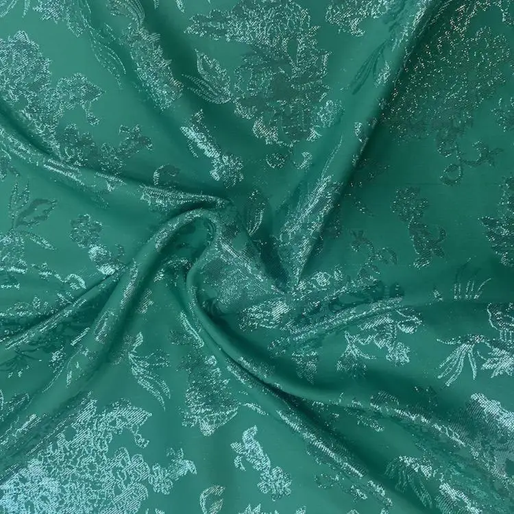 Green polyester metallic woven brocade jacquard fabric for garment materials