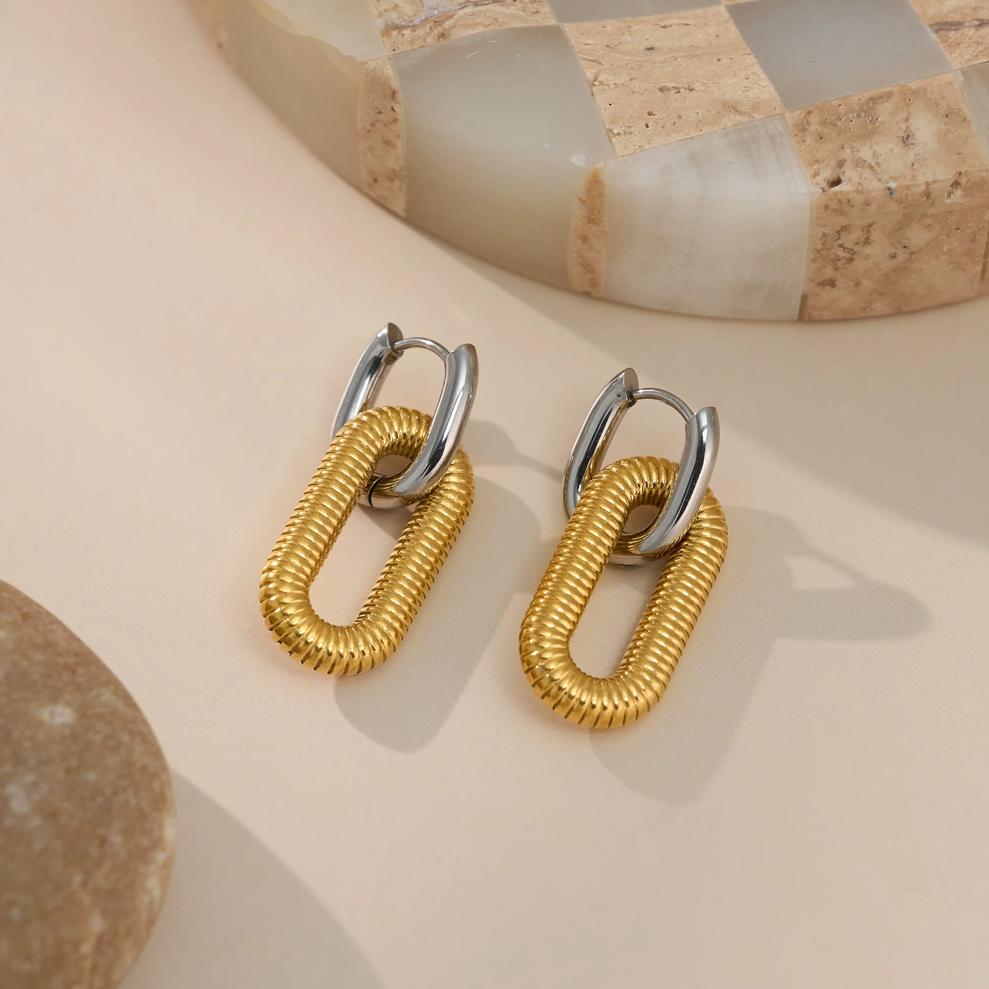 Dazan New Winter HOT 18k Gold Plated Hypoallergenic Stainless Steel Vintage Square Circle Square Oval Mixed Higgie Earrings