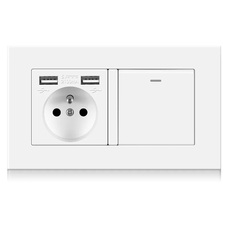 Factory customized PC panel French EU wall socket dual USB charging port one press switch