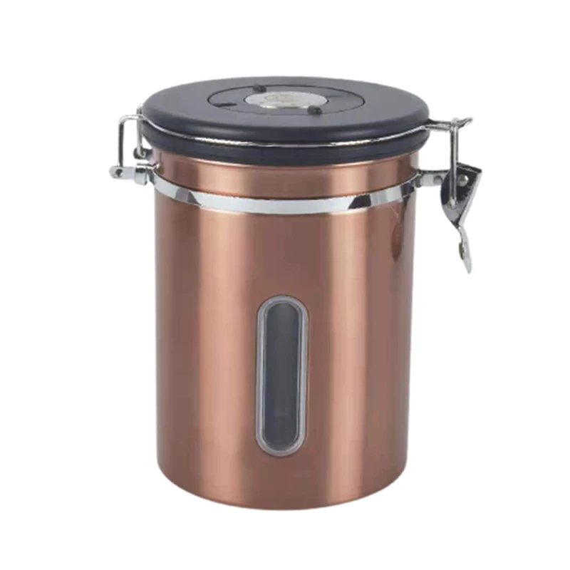 Hot Sale Coffee Canister With Airtight Lid Transparency Window Rotating Freshness Date Serving Spoon Stainless Steel Canister