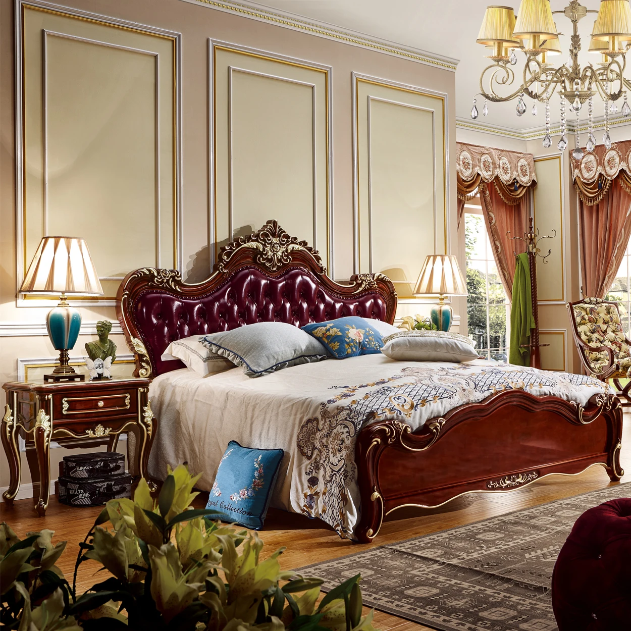 Royal Italy Luxury Classical Golden Color King Size Bed Antique Elegant Bedroom Room Furnitureking Size Bed