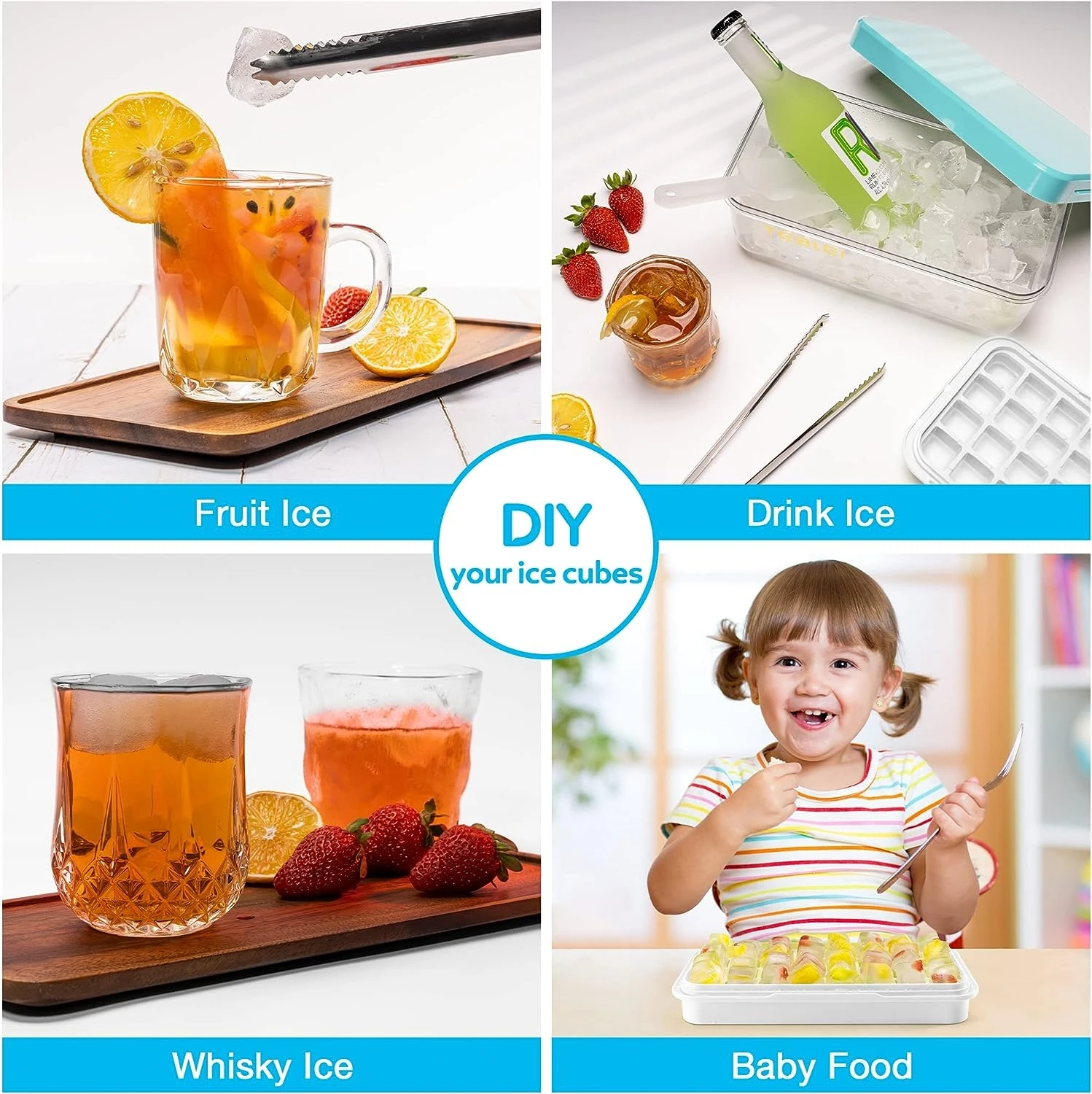 Ice Cube Tray with Lid and Bin, 64 Pcs Silicone Trays for Freezer, Easy Release & Save Space, 2 with Tongs and Scoop