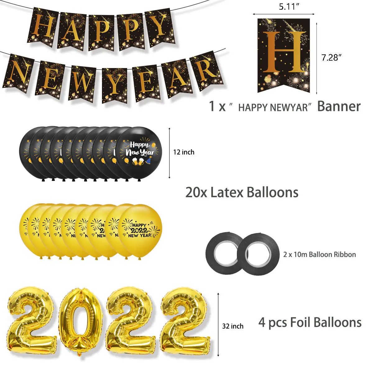 2022 Happy New Year Foil Balloons Photo Booth Frame Props Balloons Gold Black Banner Garland Navidad New Year Eve Party Supplies