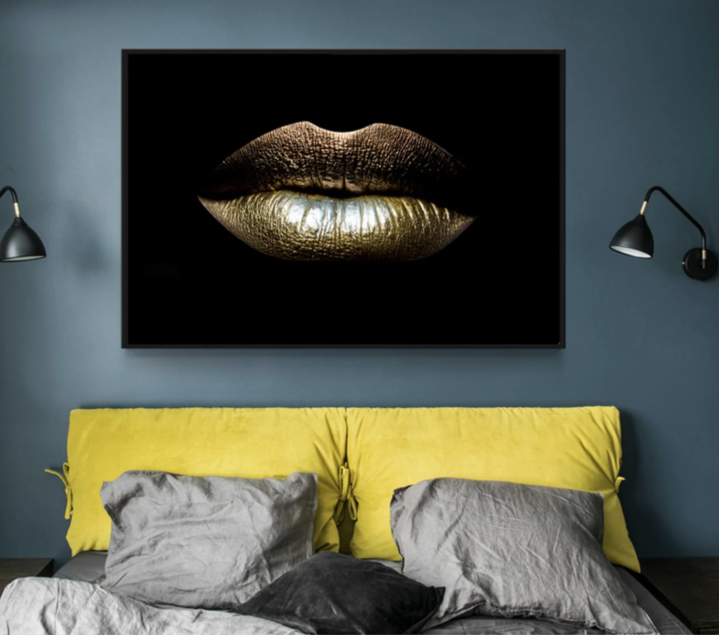 Sexy Gold Mouth Lips Painting Wall Art Picture Contemporary Canvas Photo Print for SPA Decoration