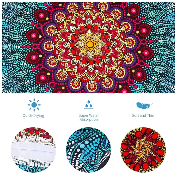 Rainbow Mandala Tapestry Roundie Soft Cotton Hippie Beach Towel For Picnic Wall Hanging Beautiful Round Shape For Home Use