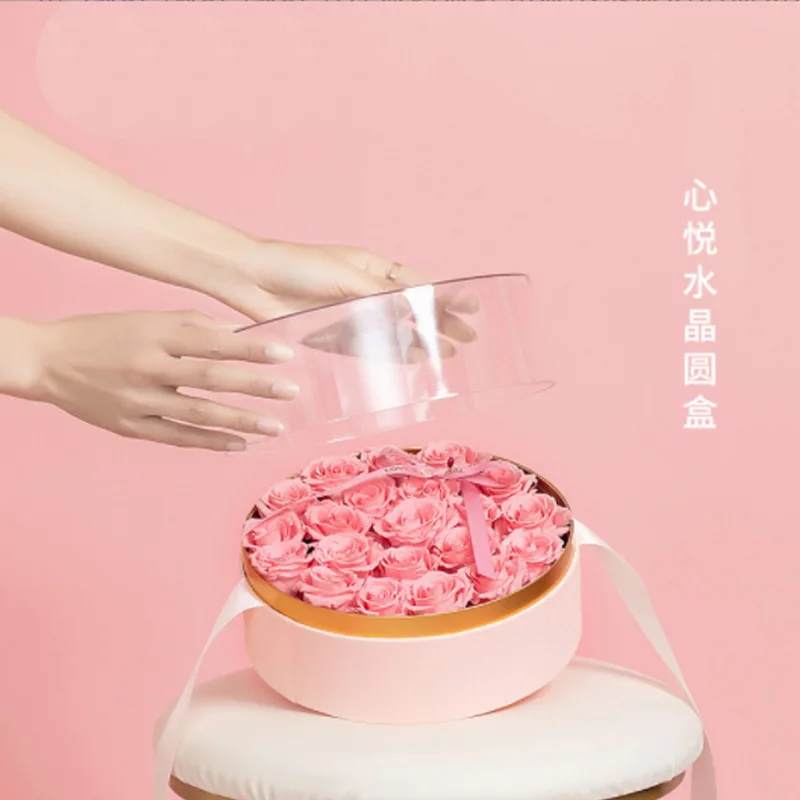 Round Square Flower Box with Clear Transparent Lid Ribbon Florist Packing Box Gift Flower Box for Valentine Bouquet