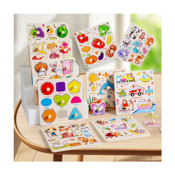 Montessori Early Educational Wooden 3D Pegged Jigsaw Puzzle Board Matching Games Teaching Aids Learning Toys For Kids Boys Girls