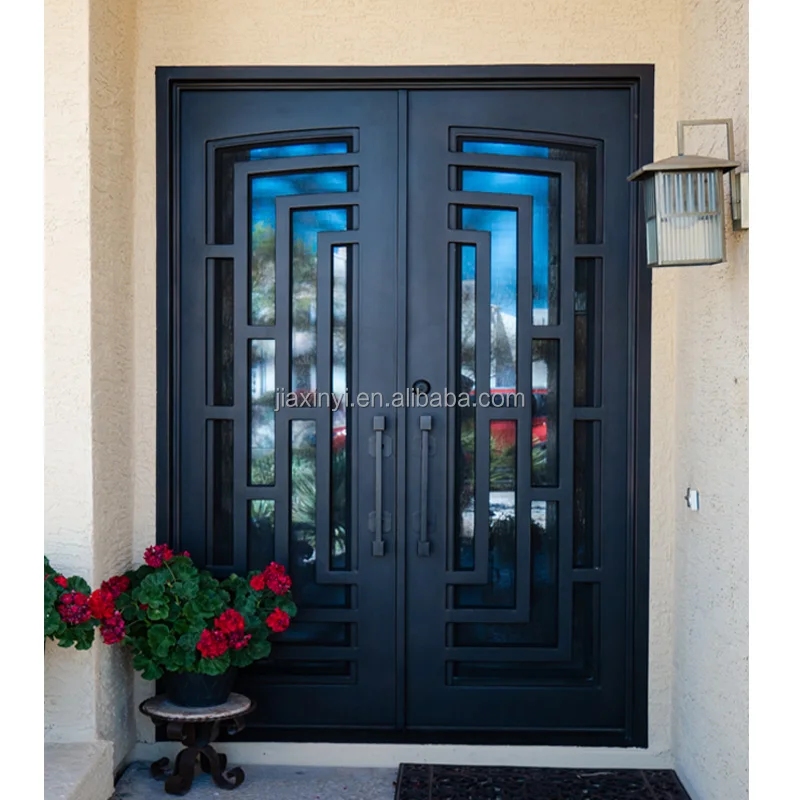 Residential exterior wrought iron double security entry front doors
