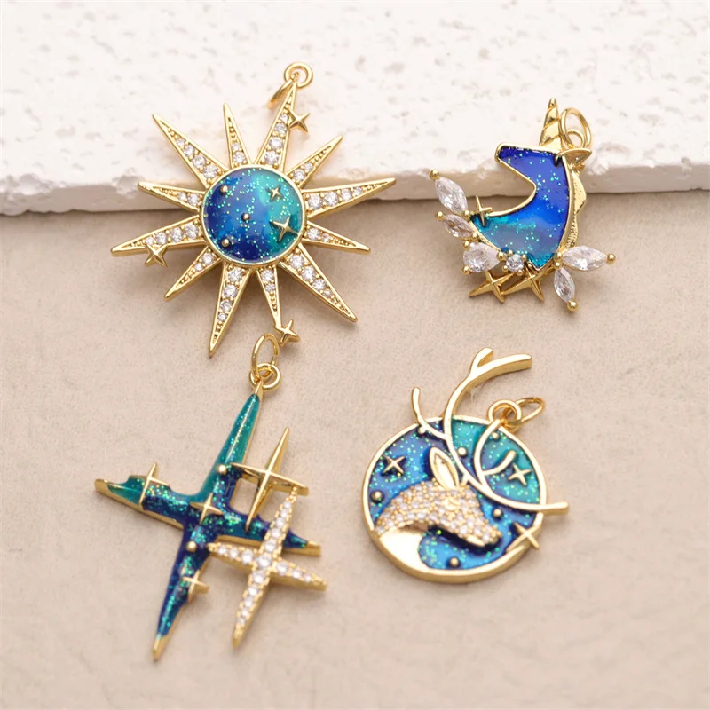 Brass 18K Gold Plated Star Sun Elk Unicorn Shaped Enamel Necklace Pendant Bulk for Necklace Making