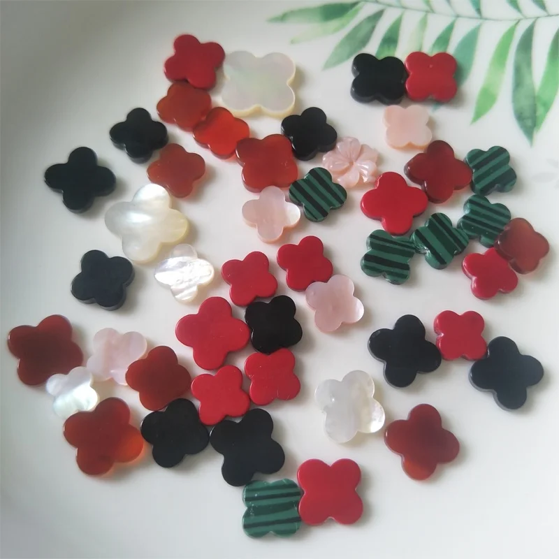 Wholesale natural MOP shell red black agate coral malachite four leaf clover cabochon gemstone for jewelry making