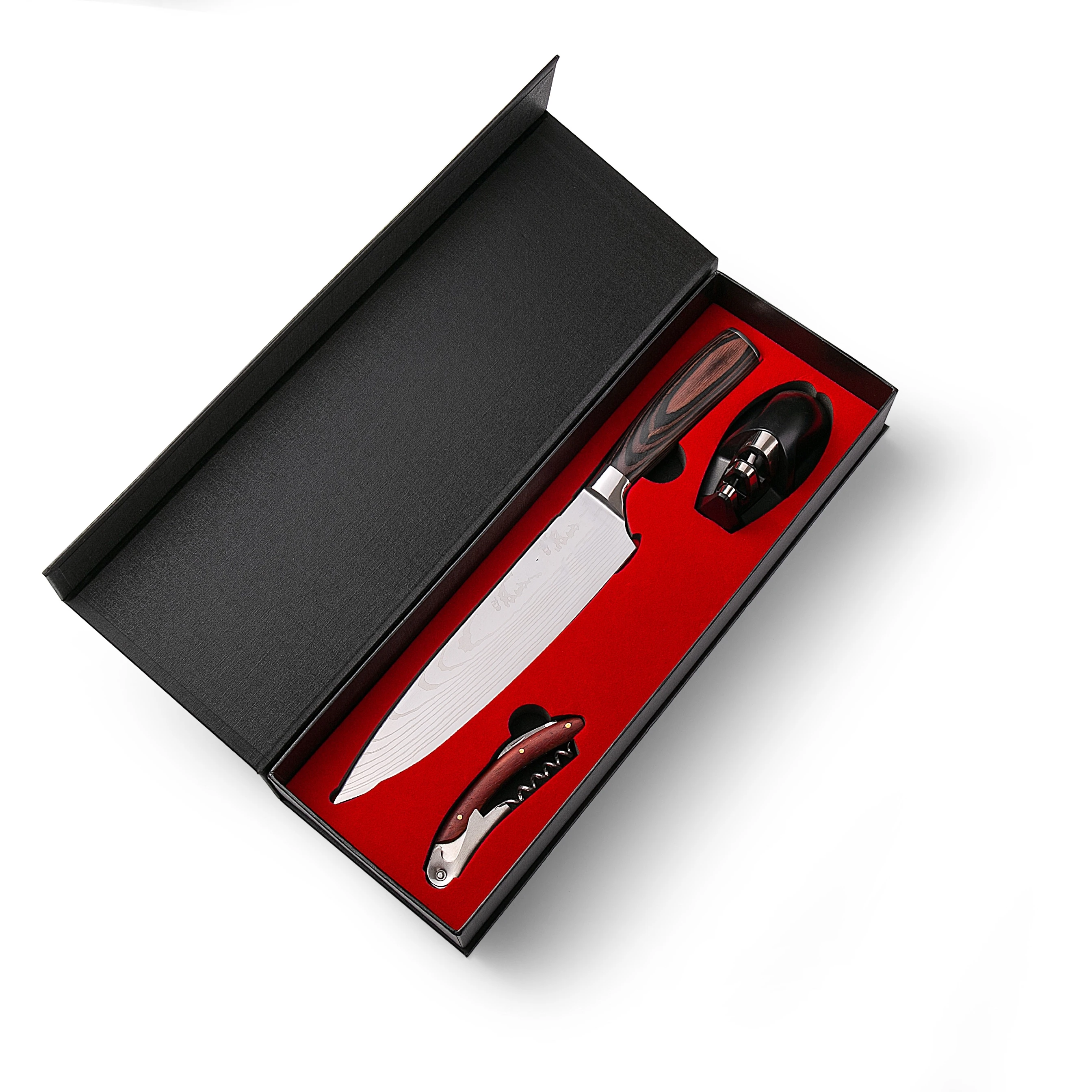 professional stainless steel 8 inch laser damascus handle kitchen knife set with built in  sharpener kitchen tool and gift box