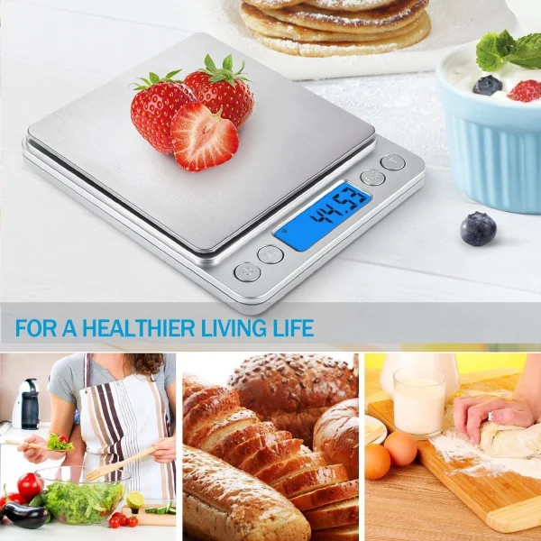 Mini Pocket Stainless Steel Kitchen Scales Back-Lit LCD Display 2 Trays 6 Units Auto Tare Batteries Included-for Cooking Food