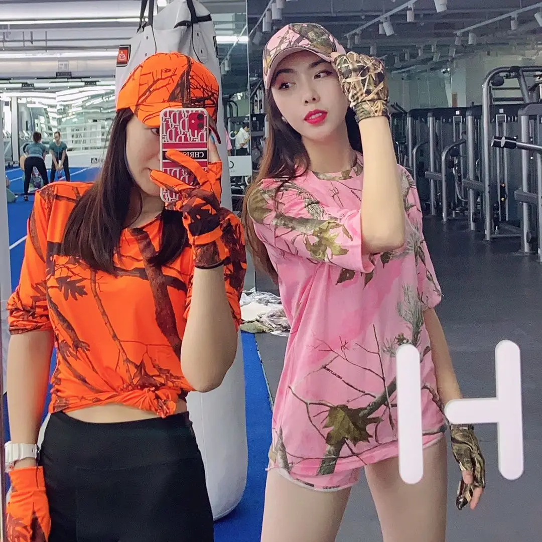 Outdoor women hunting clothing lady pink orange camouflage t shirt hats shorts suit factory custom OEM order