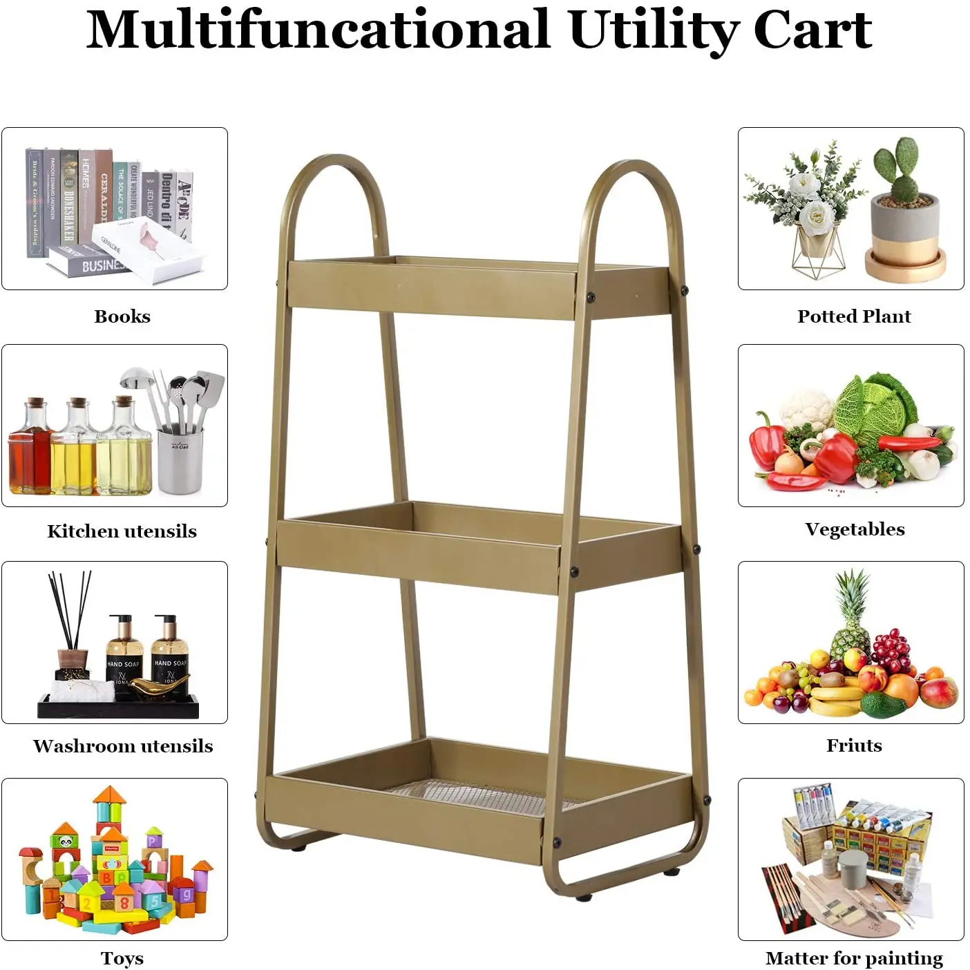Top sale 3 Tier Utility Cart Wire Shelving Unit Heavy Duty Shelf Organizer Rack with Handle for Living Room