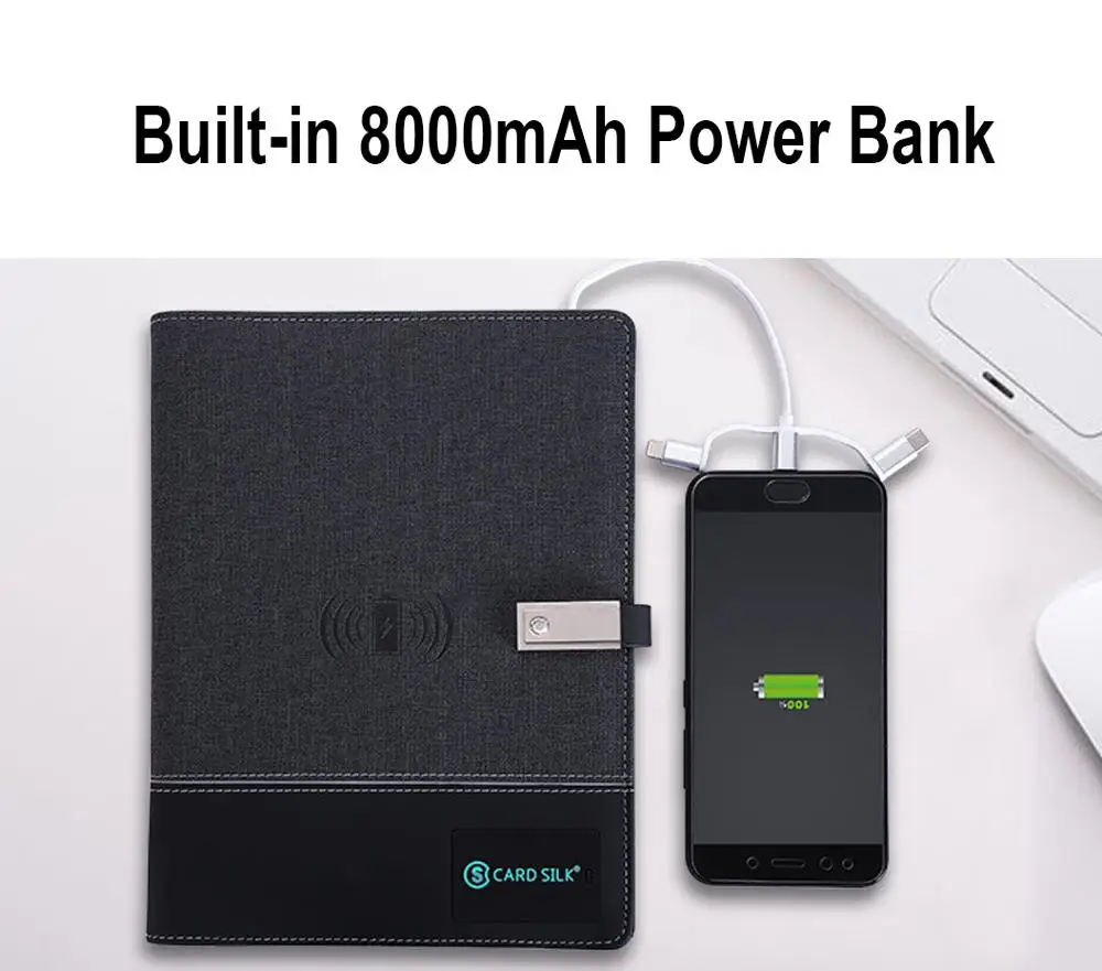 Embossed Synthetic Journal diary leather Notebook notebook power bank with flash drive pen holder