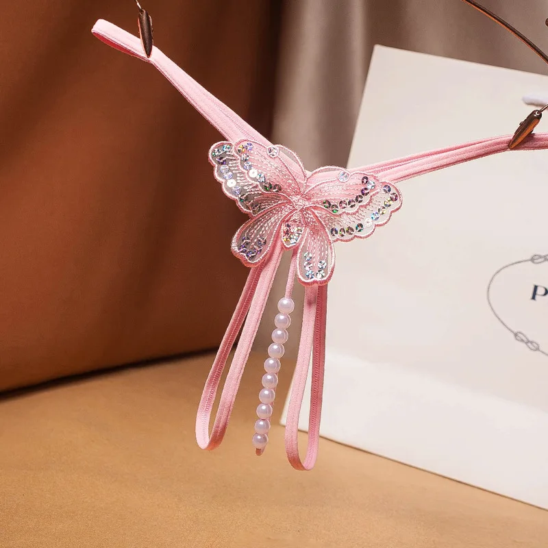 Factory Sales Pearl Panties Open Crotch Butterfly Panties Sexy G-String Women Transparent Thong 2024 Bragas Entrepierna  Abierta