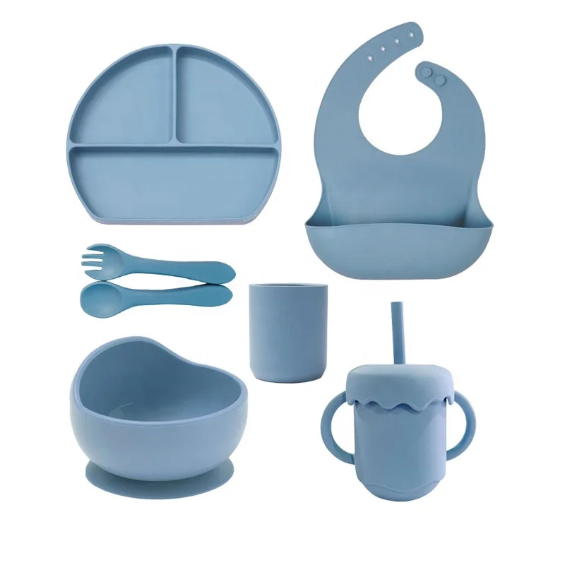 Eco Friendly OEM Light Blue 4Pcs 4-Piece Food Grade Toddler Accessories Tableware Silicone Baby Feeding Set With Custom Logo