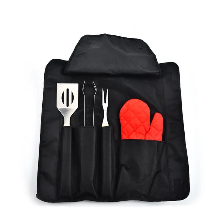 Amazon sells Stainless steel food clip barbecue fork scraper apron 4PCS outdoor wooden handle barbecue tool set