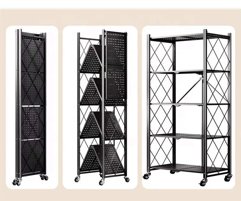 Household 3 4 5-Tier Foldable Storage Shelves Folding Holders Stand Metal Bookshelf With Wheels