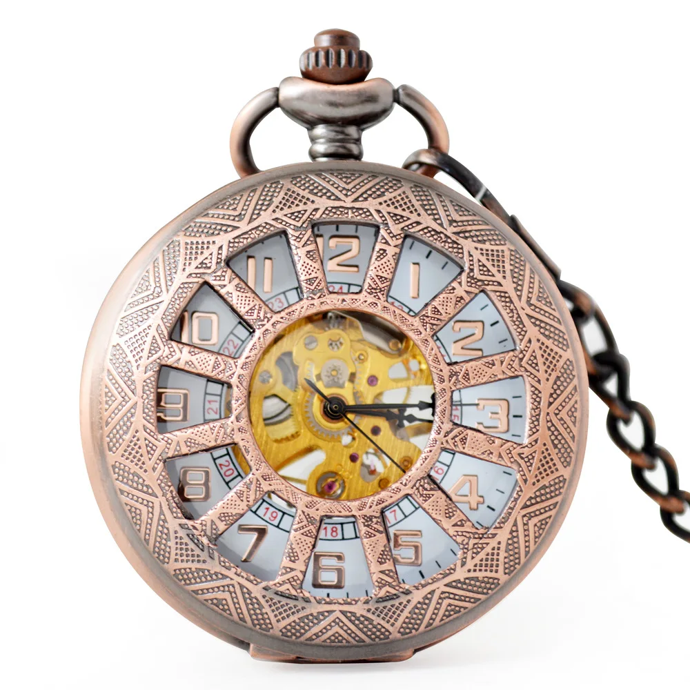 Antique Hollow Manual Bronze Hand Winding Mechanical Retro Roman Sun Pocket Watch