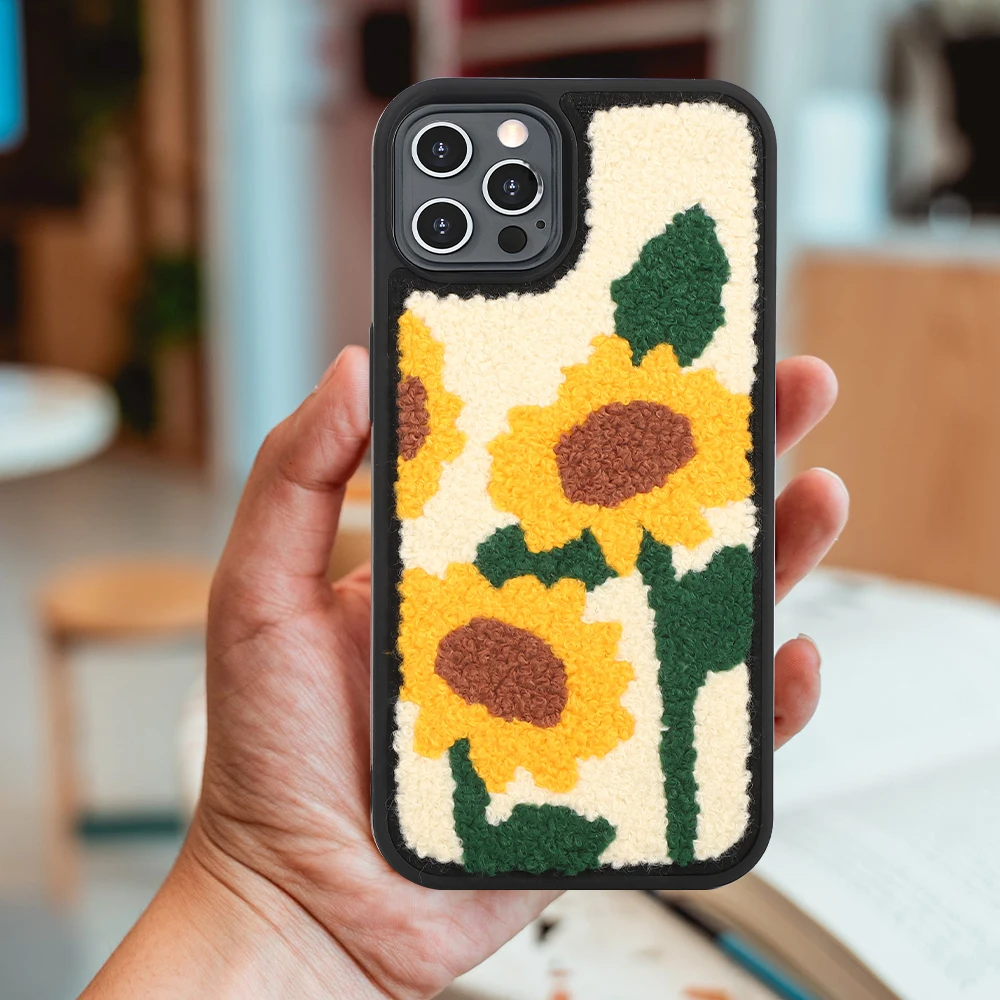 Sunflower wool felt handmade embroidered chessboard mobile phone case female cute 3d luxury designer phone cases for iphones