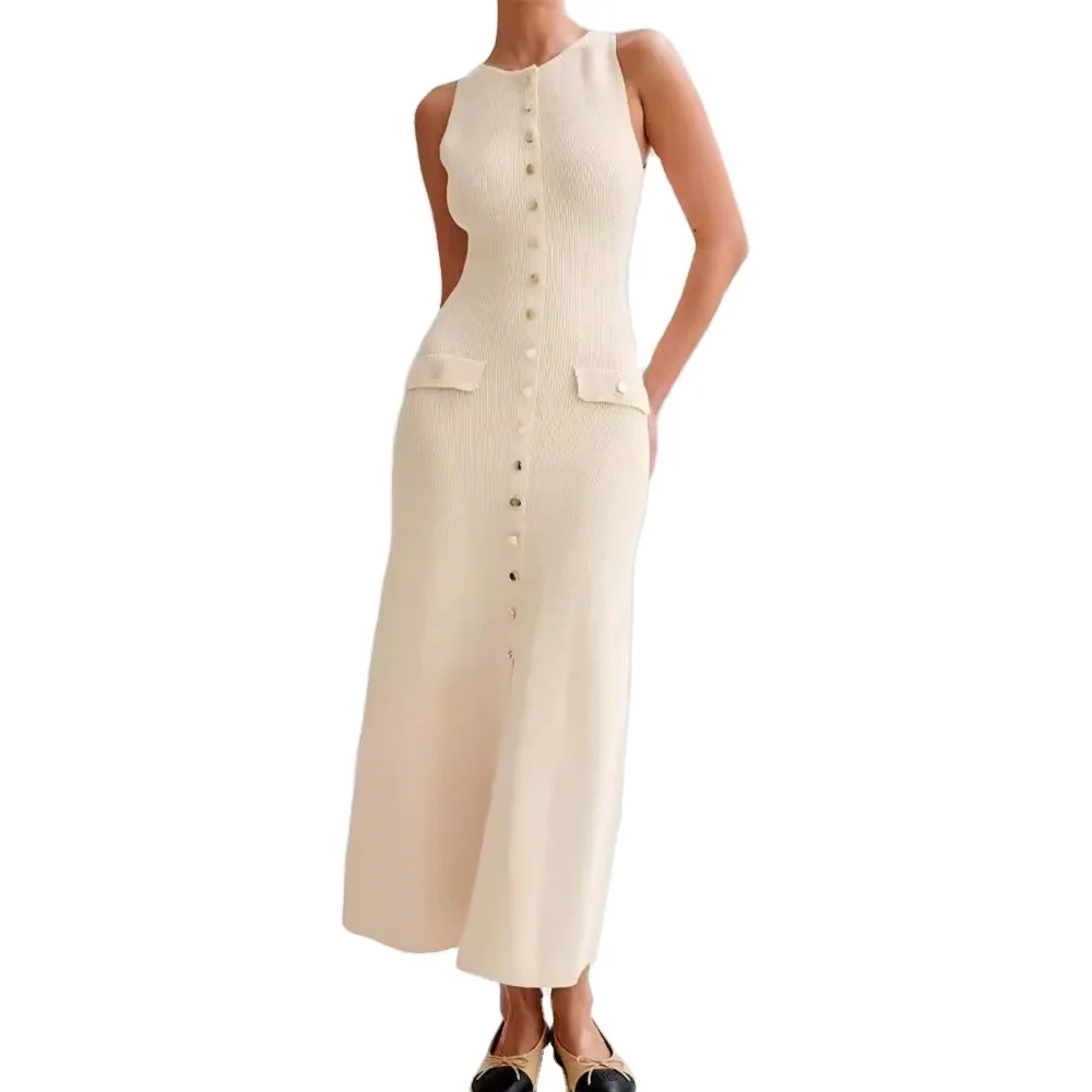 2024 summer new European and American style sleeveless round neck slim knit dress