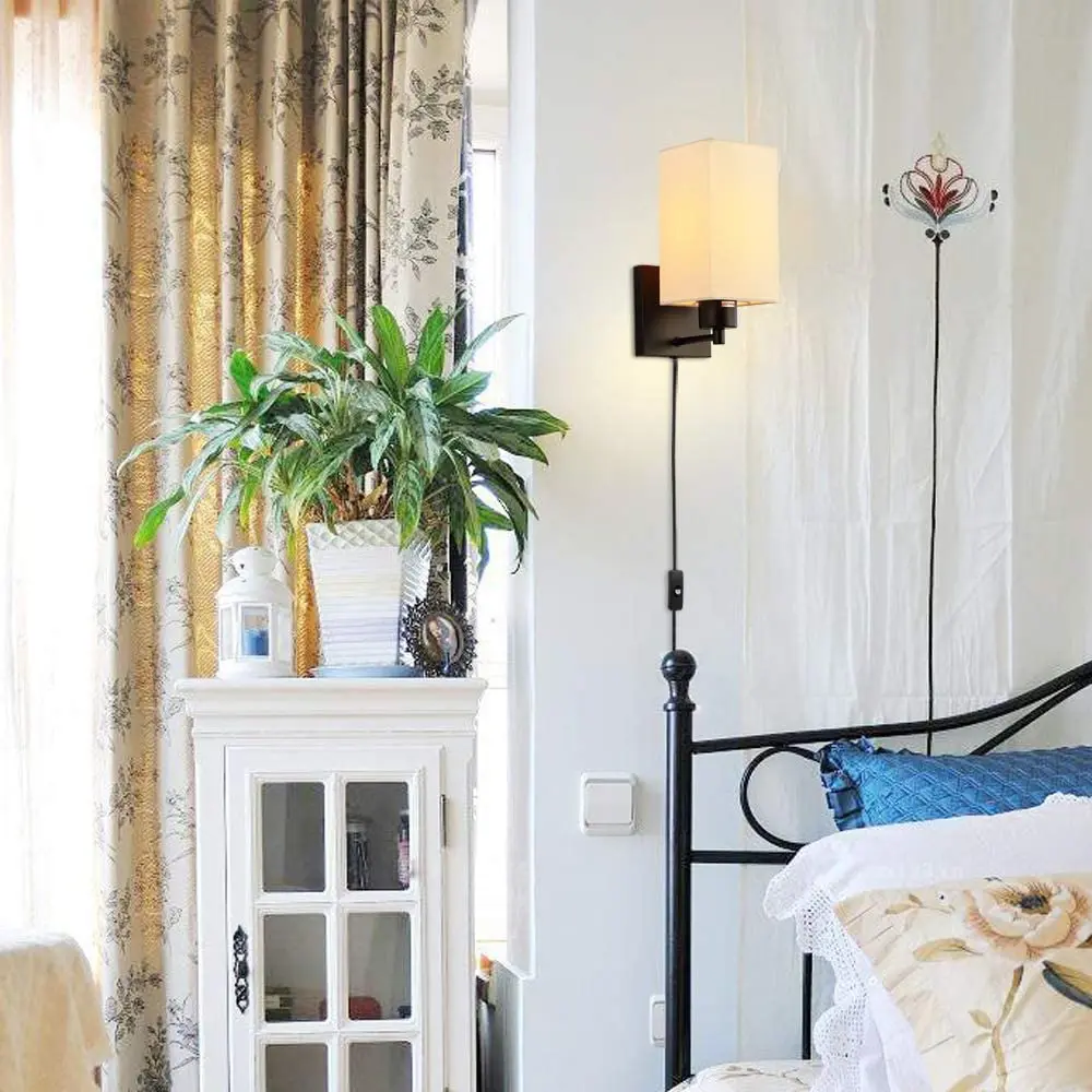 Wall Sconce Rustic Nordic Lamp with Plug-in Cord and On/Off Toggle Switch Beige Fabric Shade