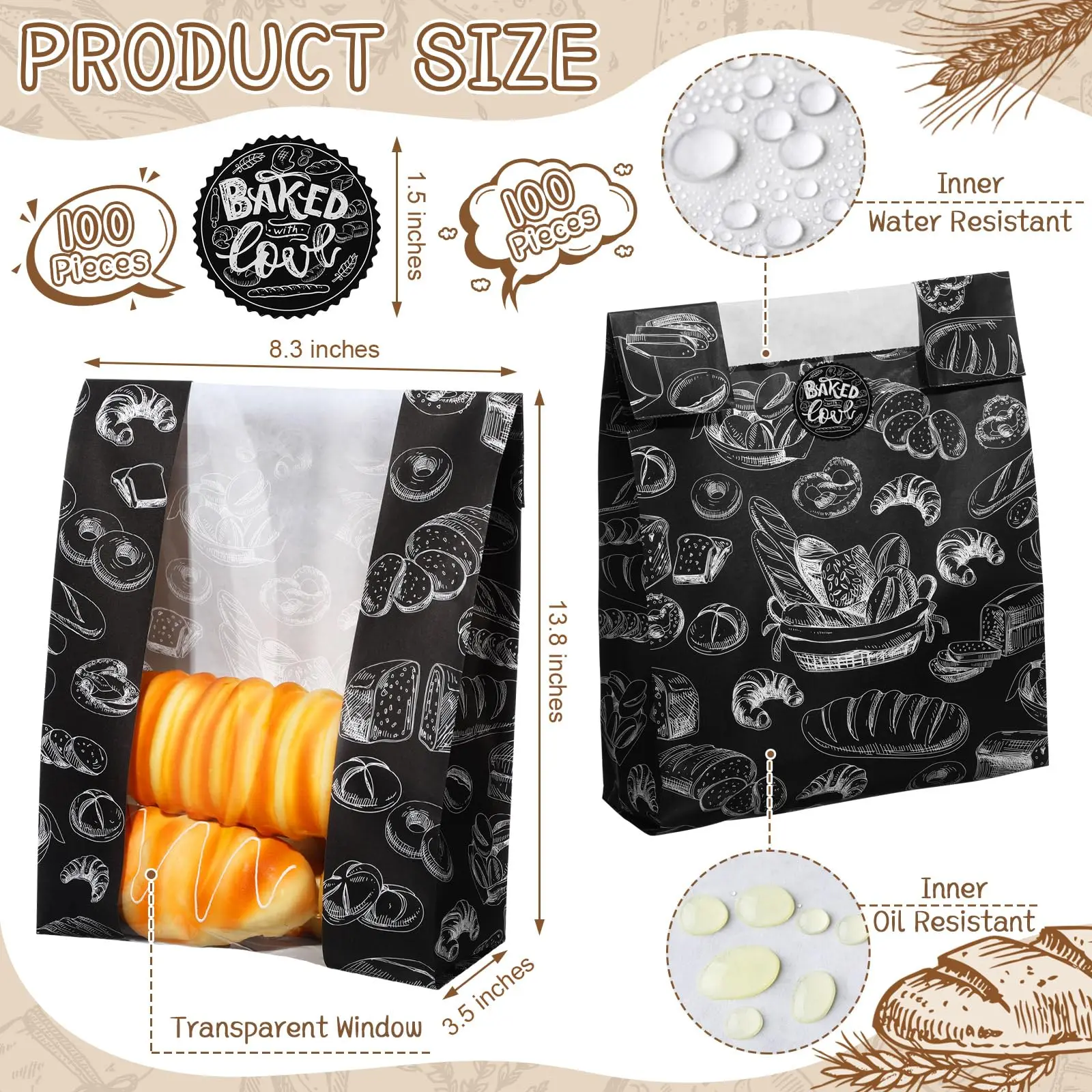 Customized Logo Design Print Greaseproof Kraft Treat Bakery Packaging Paper Bread Bag with Plastic Clear Window