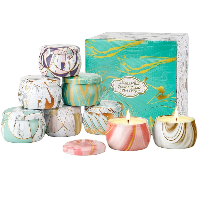 Amazon Hot Sell Magnolia candles mandala pattern chanukah votive Soy wax Scented Candles In Tin Box Gift Set Of 8pcs